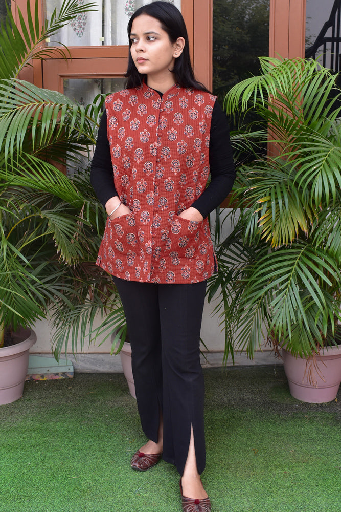 Block Print Quilted Reversible cotton Sleeveless jacket - Size 38, 40, 44, 46