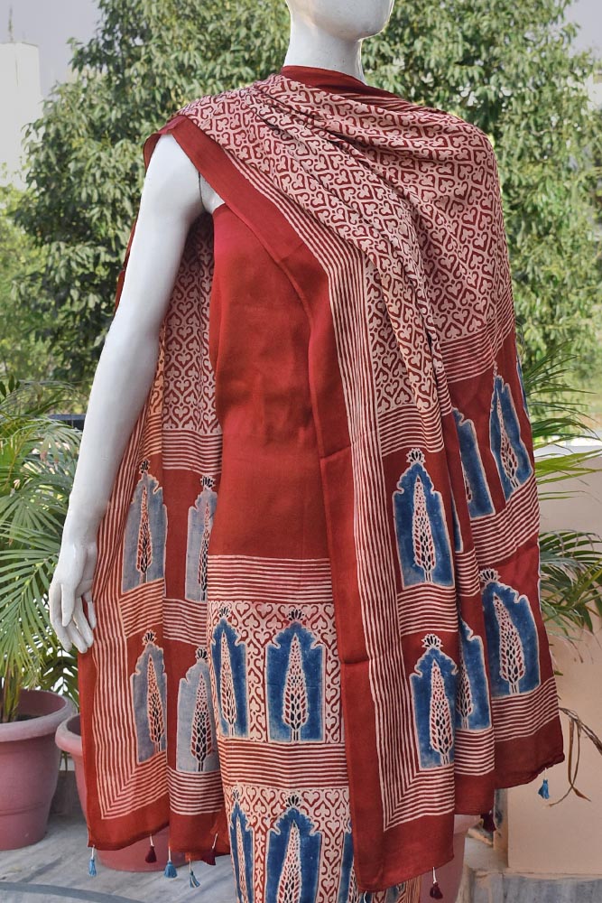 Elegant Ajrakh Modal Kurta and Dupatta Set with placement design & tassels