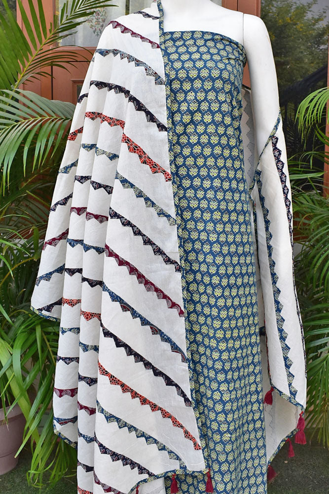 Beautiful Ajrakh Cotton Kurta fabric with Heavy Hand Applique Work dupatta