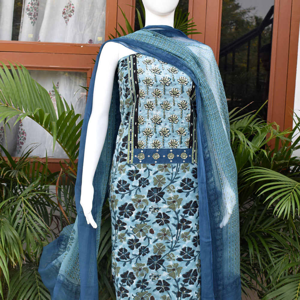 Premium Dabu Ajrakh Cotton Unstitched Suit with Intricate Hand Embroidery, mirror & sequin work & chiffon dupatta
