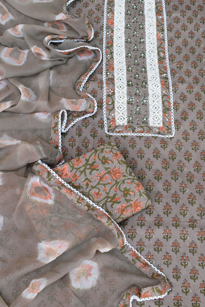 Beautiful Cotton Suit with Schiffli work Lace , Hand painted motifs & Hand Embroidery