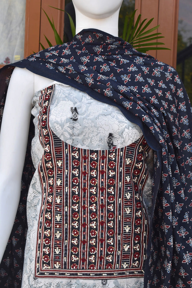 Premium Cotton Unstitched Suit with Intricate Hand Embroidery & Barmer Ajrakh block Print Patch