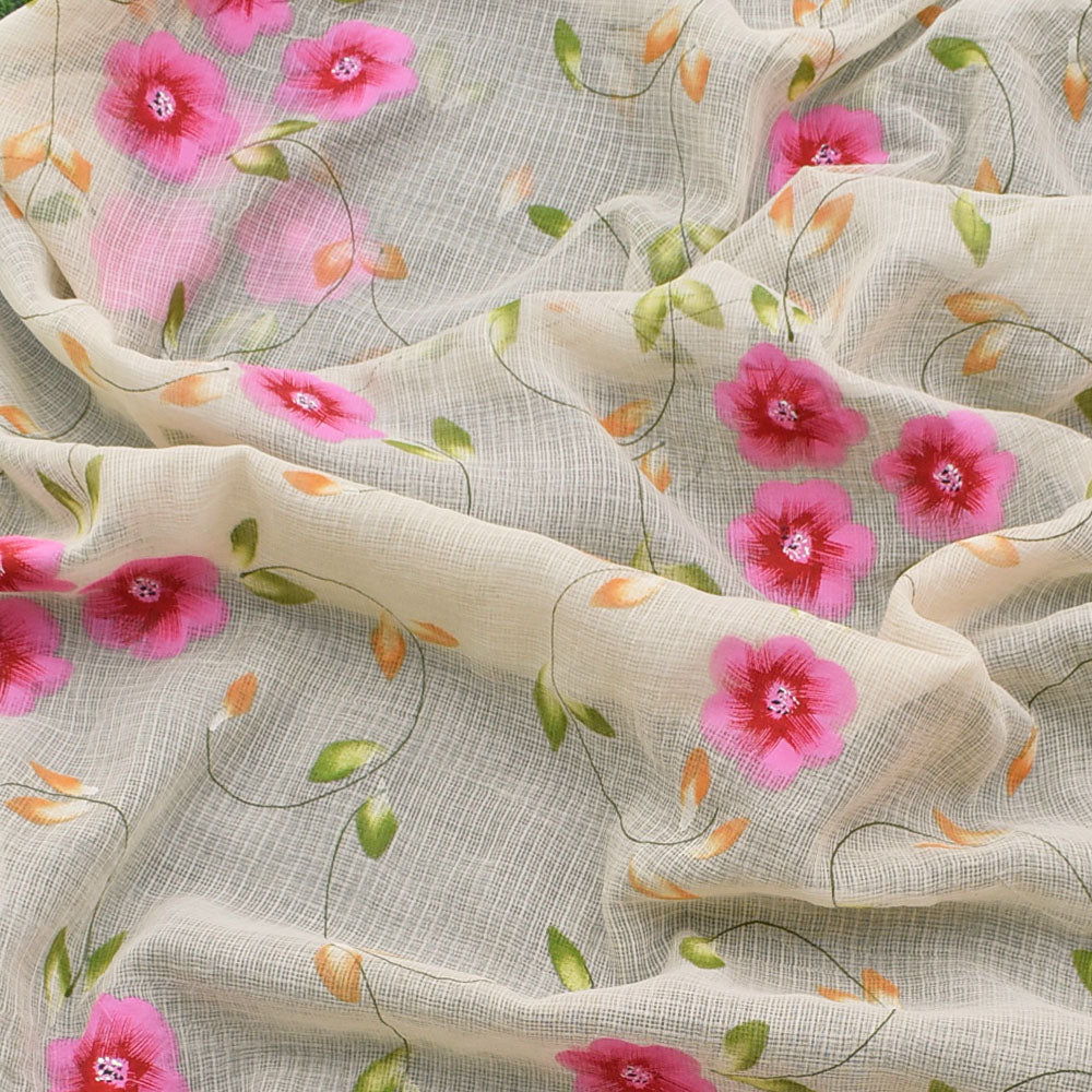 Prakriti : Beautiful Kota Doria Saree with Hand Painted Floral Motifs - Light beige color