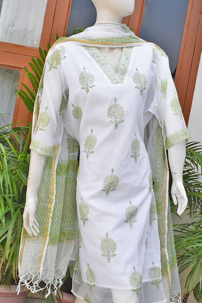 Premium Semi stitched Kota Doria Unstitched suit with Hand Block Print & Hand Embroidery