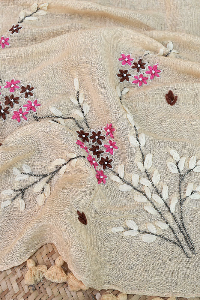 Beautiful Linen Stole with hand embroidery, embellishments & tassels