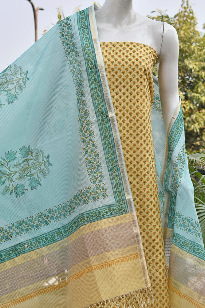Elegant Handwoven Maheshwari si-co dupatta & kurta with Sanganer block print