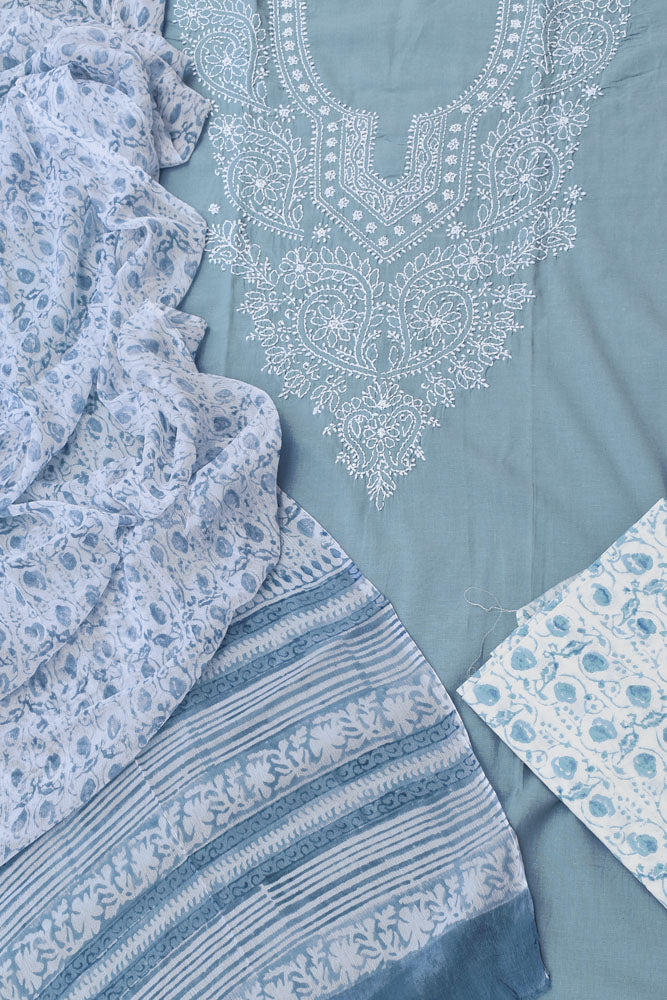 Beautiful Cotton Unstitched Suit Fabric with Chikankari & Hand Block printing
