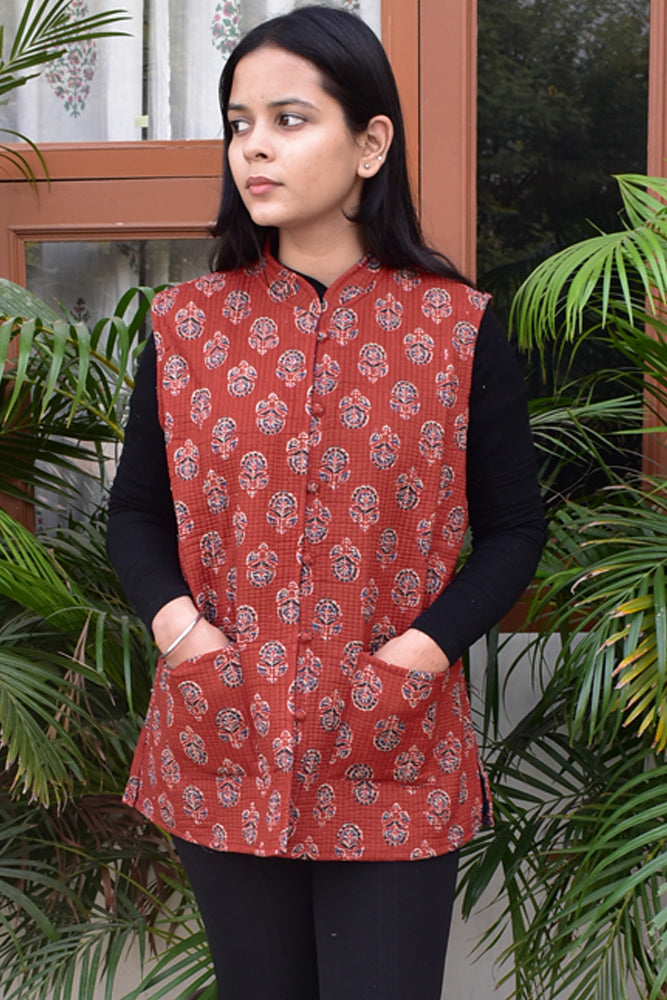 Block Print Quilted Reversible cotton Sleeveless jacket - Size 38, 40, 44, 46