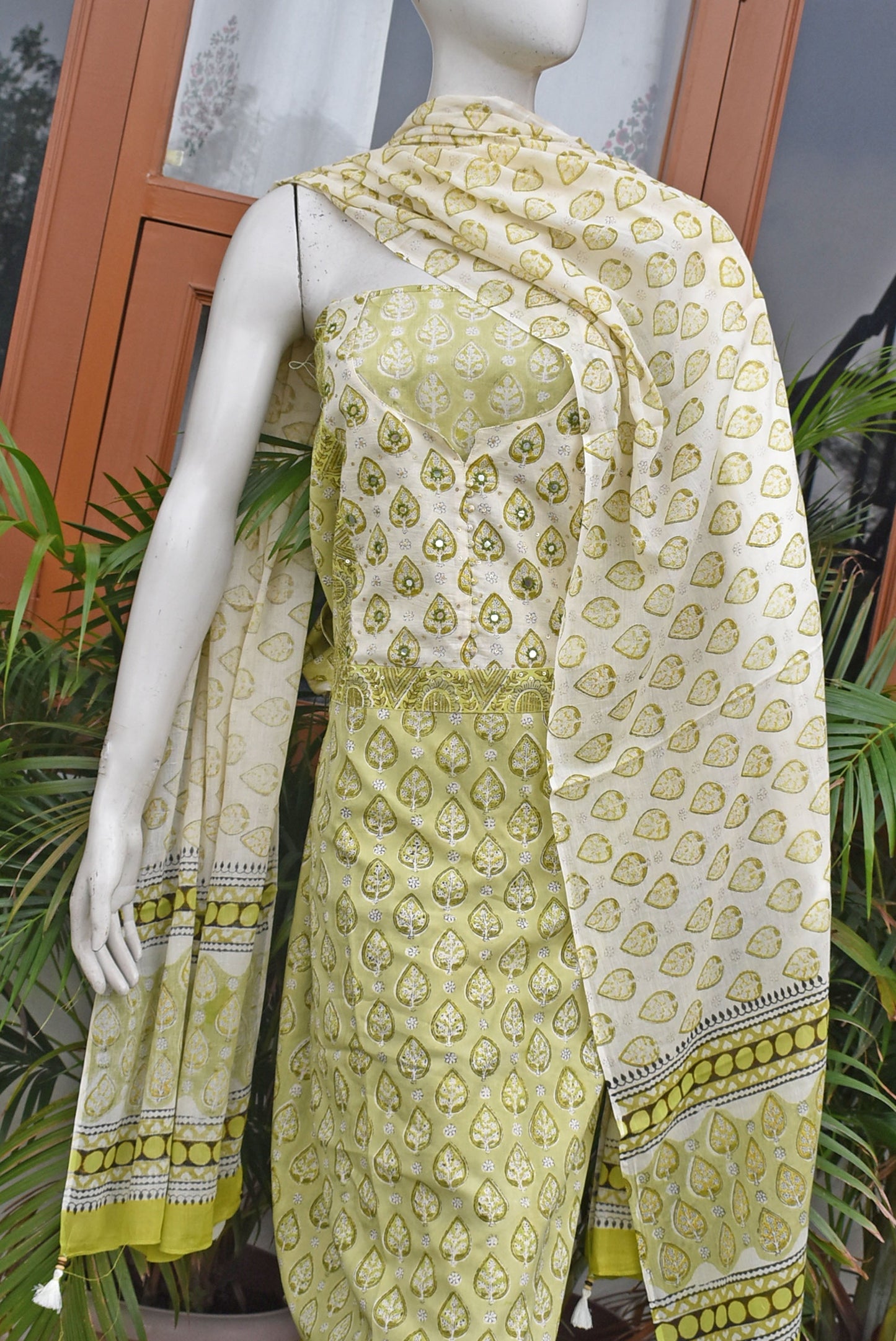 Beautiful Cotton Unstitched Suit Fabric with Embroidery, sequin & mirror work & Mul cotton dupatta