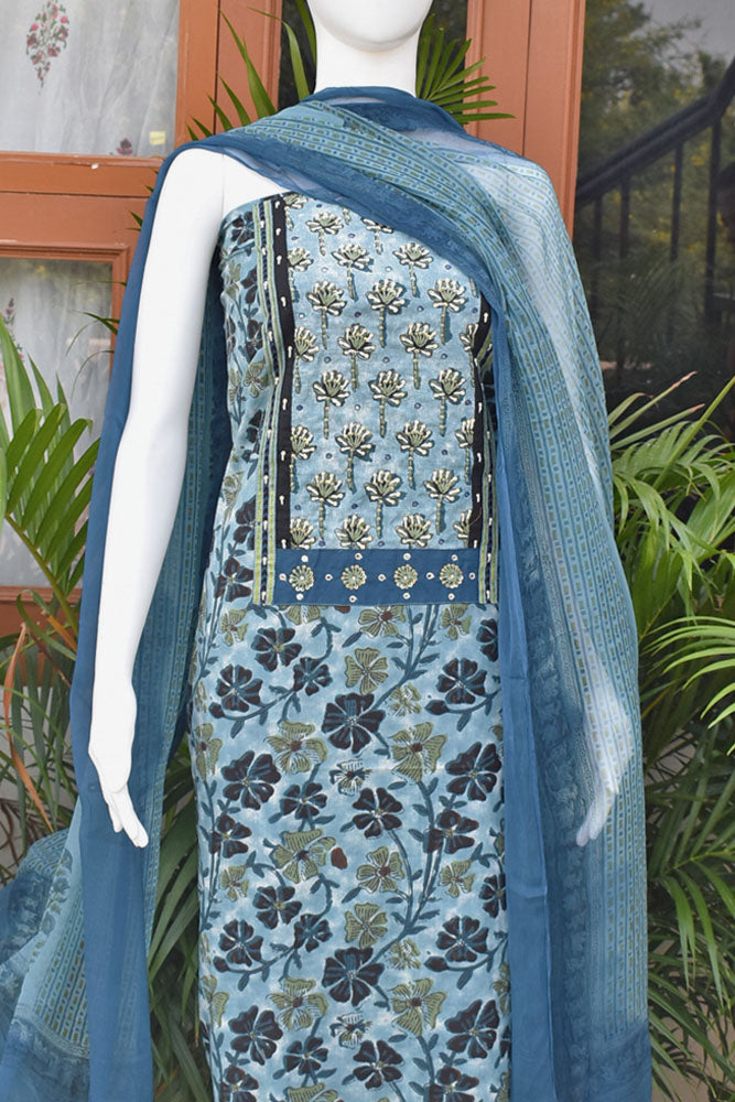 Premium Dabu Ajrakh Cotton Unstitched Suit with Intricate Hand Embroidery, mirror & sequin work & chiffon dupatta