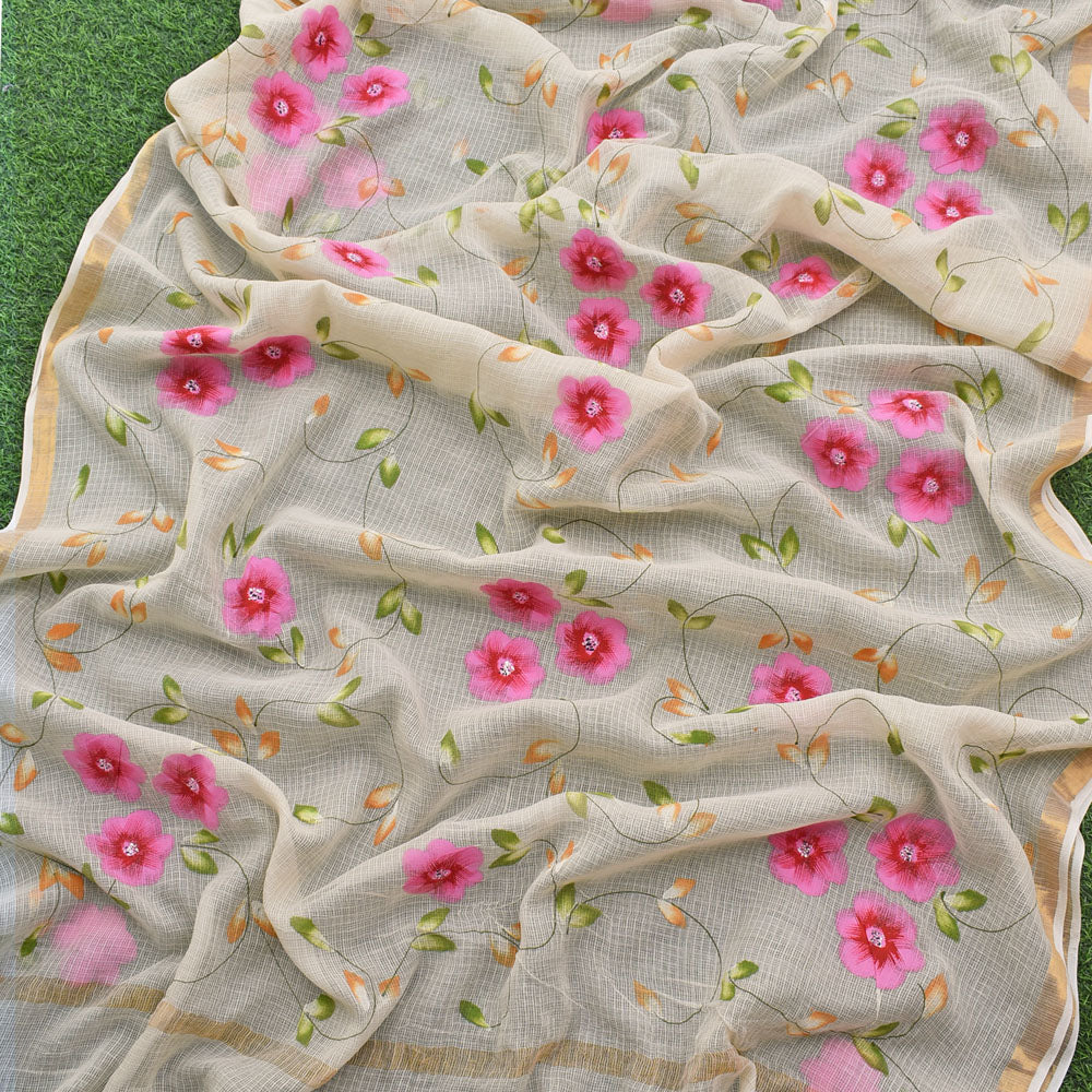 Prakriti : Beautiful Kota Doria Saree with Hand Painted Floral Motifs - Light beige color