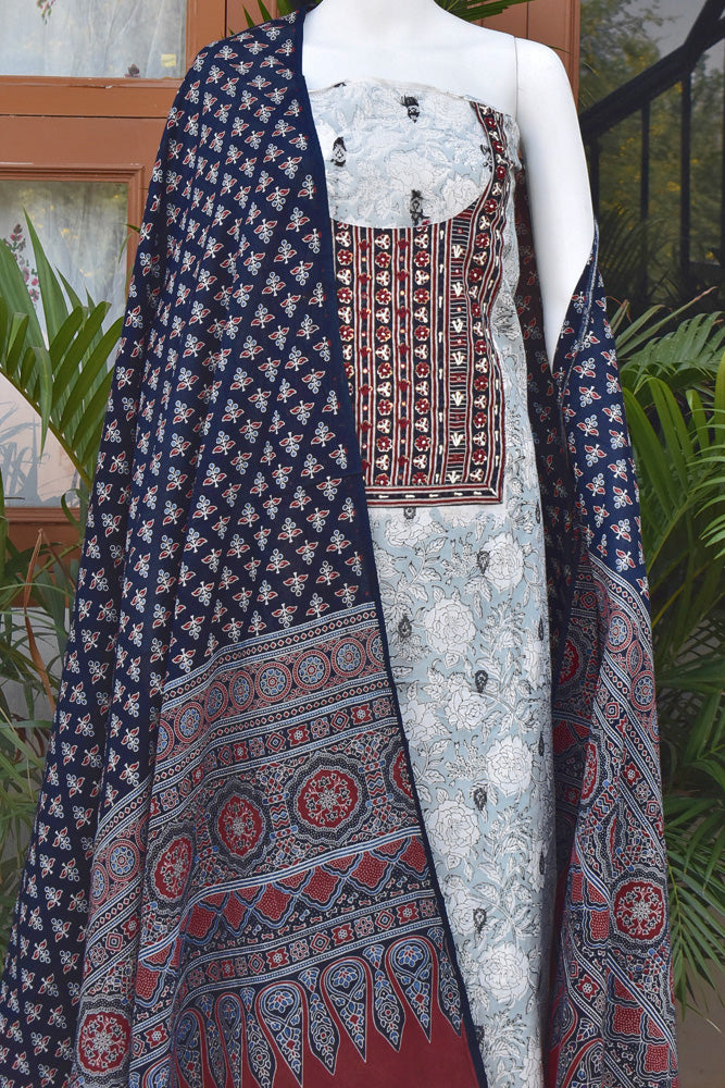 Premium Cotton Unstitched Suit with Intricate Hand Embroidery & Barmer Ajrakh block Print Patch