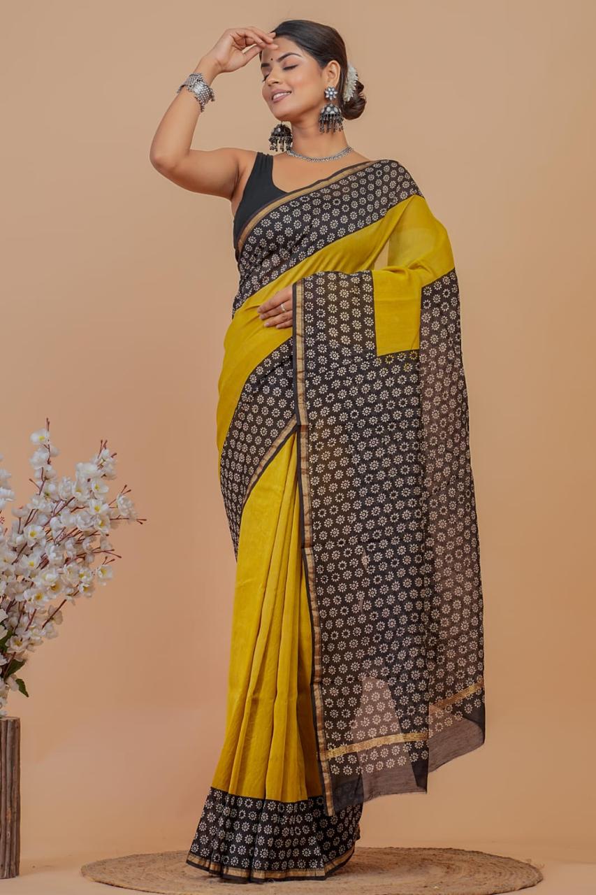 Beautiful Hand Block Printed Chanderi Silk Cotton Saree