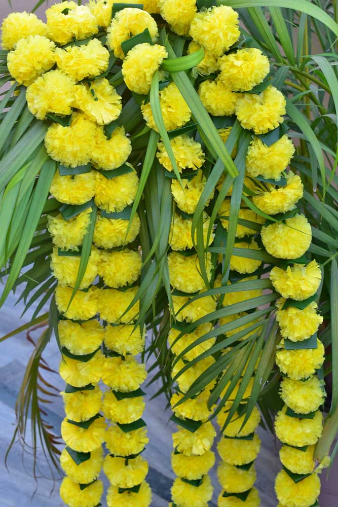 Pack of 5 - Artificial Marigold Flower Garland strings - 4.5 ft + (Yellow& green leaves)