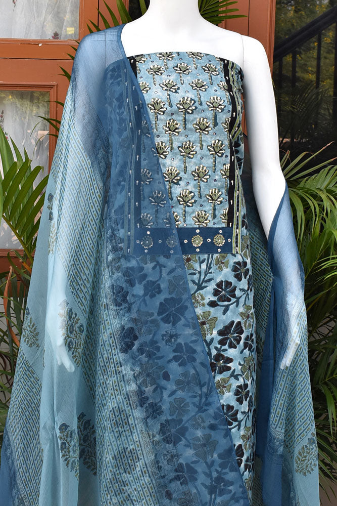 Premium Dabu Ajrakh Cotton Unstitched Suit with Intricate Hand Embroidery, mirror & sequin work & chiffon dupatta