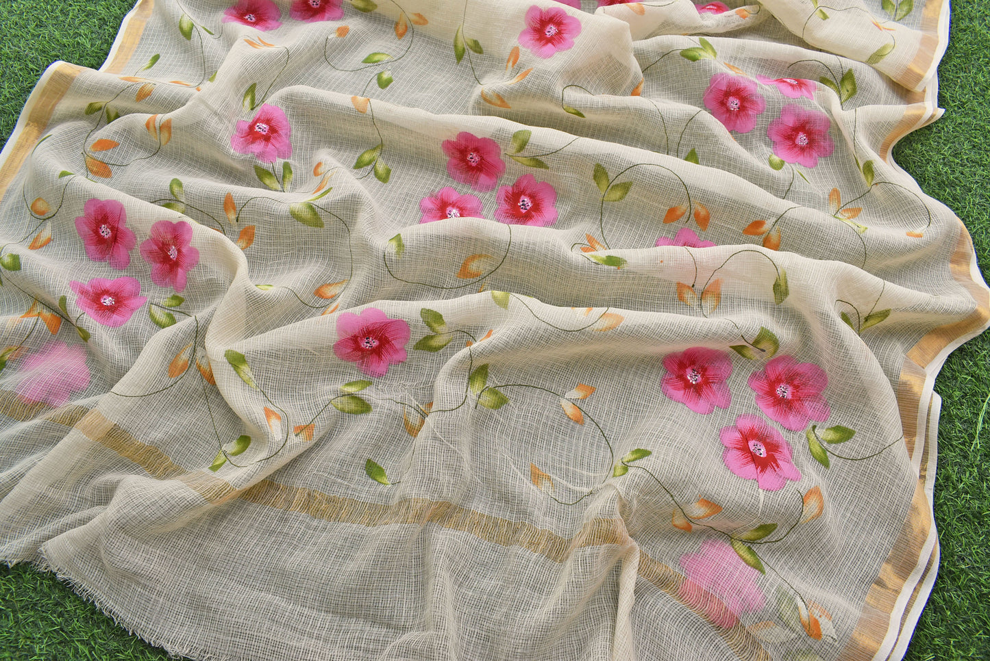 Prakriti : Beautiful Kota Doria Saree with Hand Painted Floral Motifs - Light beige color