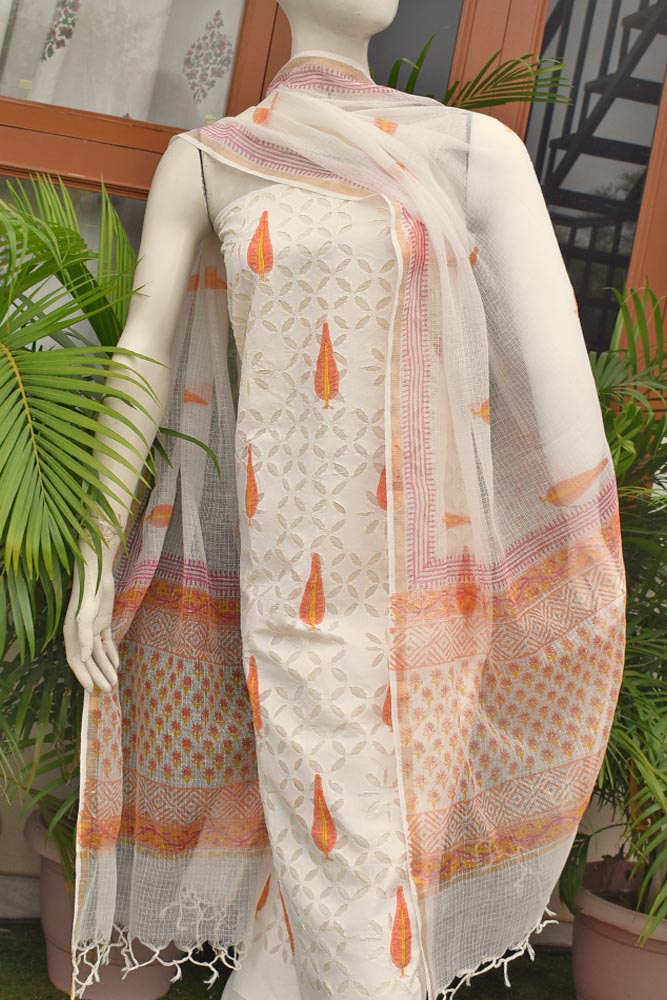 Hand Block Printed Cotton Suit with Hand applique work & Kota dupatta