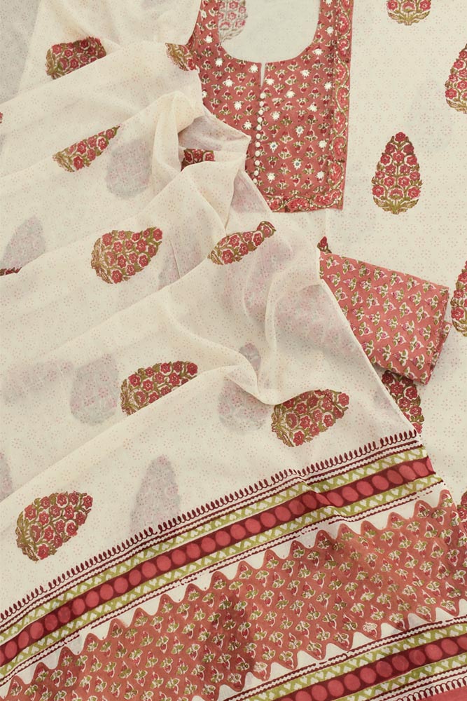 Beautiful Cotton Unstitched Suit Fabric with Embroidery, sequin & mirror work & Mul cotton dupatta