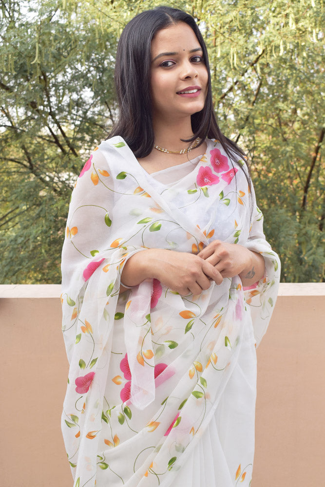 Prakriti : Beautiful Organza Saree with Hand Painted Floral Motifs