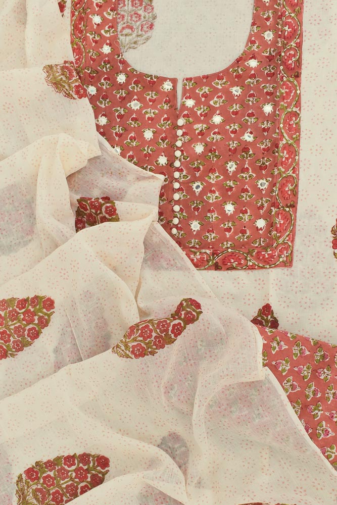 Beautiful Cotton Unstitched Suit Fabric with Embroidery, sequin & mirror work & Mul cotton dupatta
