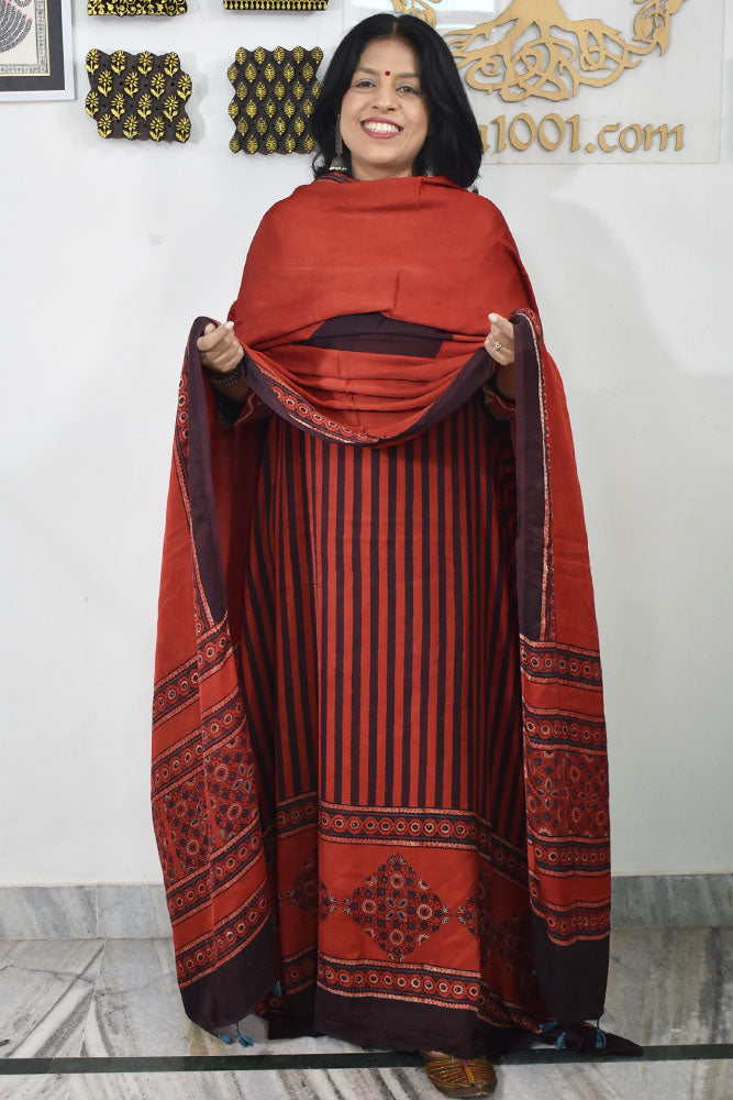 Designer Ajrakh Modal silk Kurta and Dupatta Set with Neck yoke and panel design
