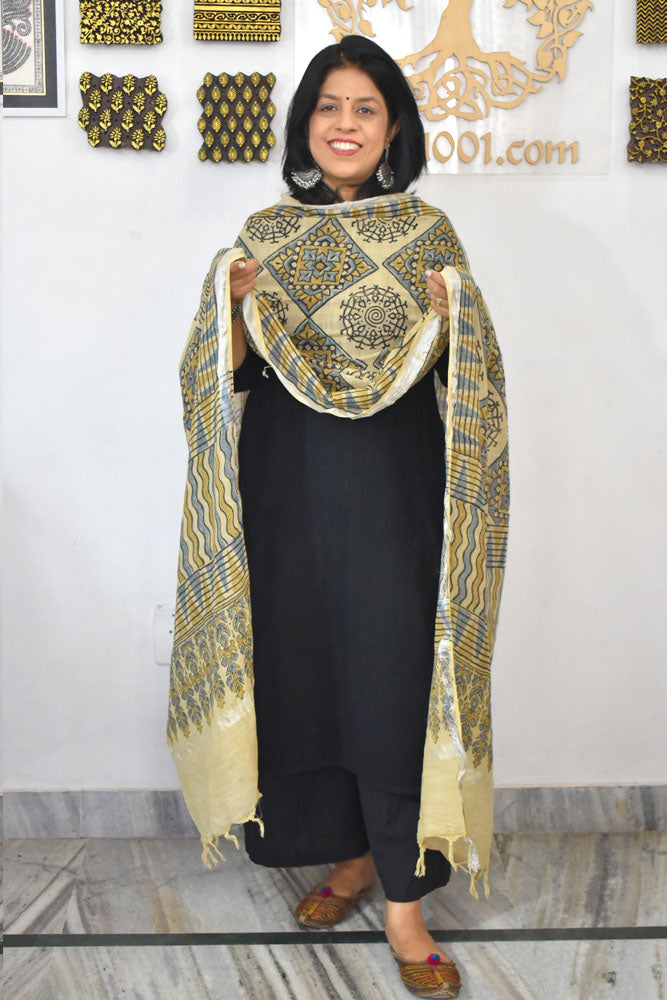 Elegant Ajrakh Hand Block Printed Pure Linen dupatta