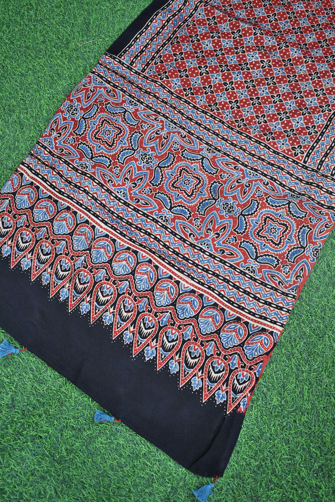 Beautiful Hand Block Printed Ajrakh Modal Silk stole with Tassels
