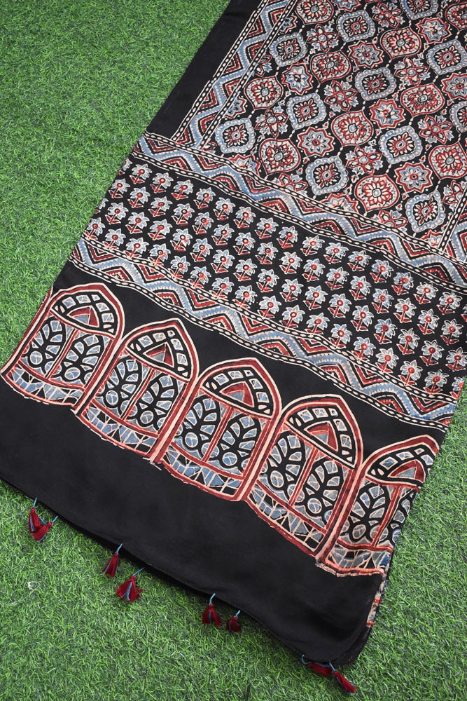 Beautiful Hand Block Printed Ajrakh Modal Silk stole with Tassels