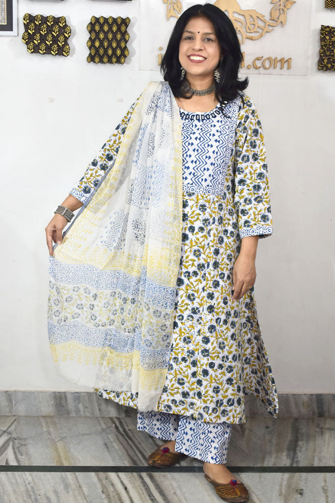 Hand Block Printed stitched 3 pc Cotton suit with Kutch Mirror Work Size - 40