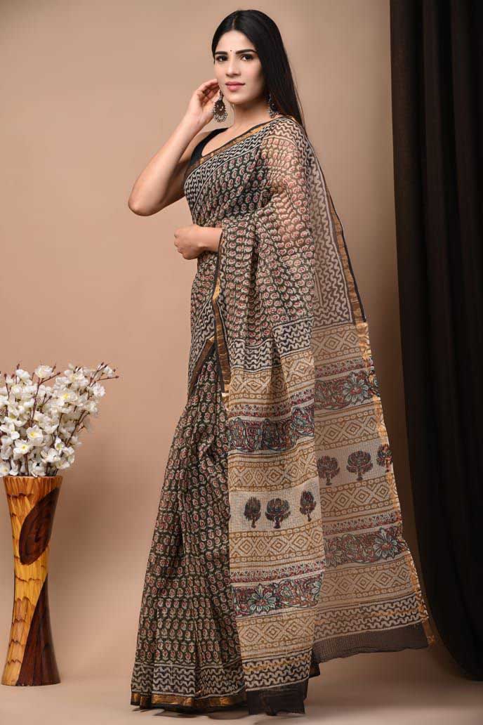 Beautiful Hand Block Printed Kota cotton Saree with zari border