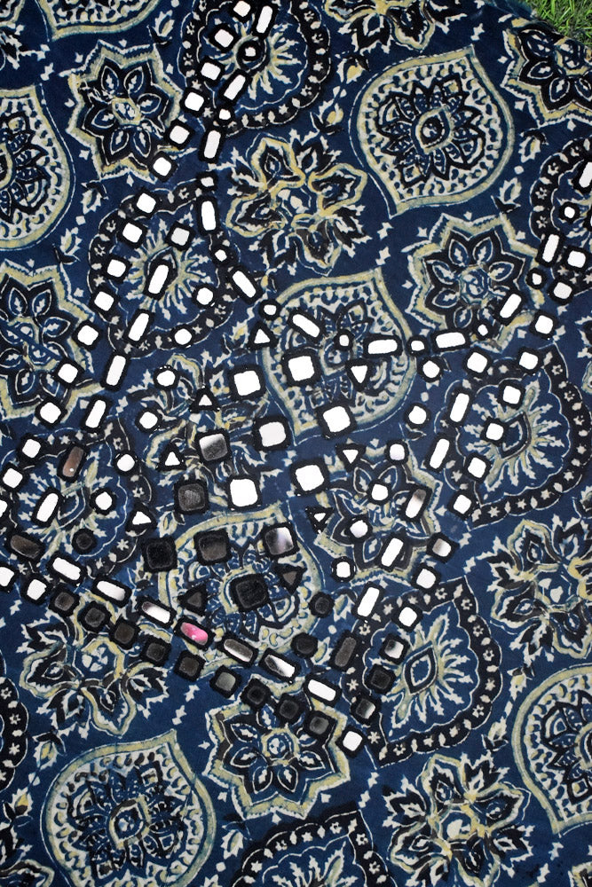 Designer Ajrakh Cotton Kurta Fabric with Kutch Mirror Work - 3 mtrs lenth