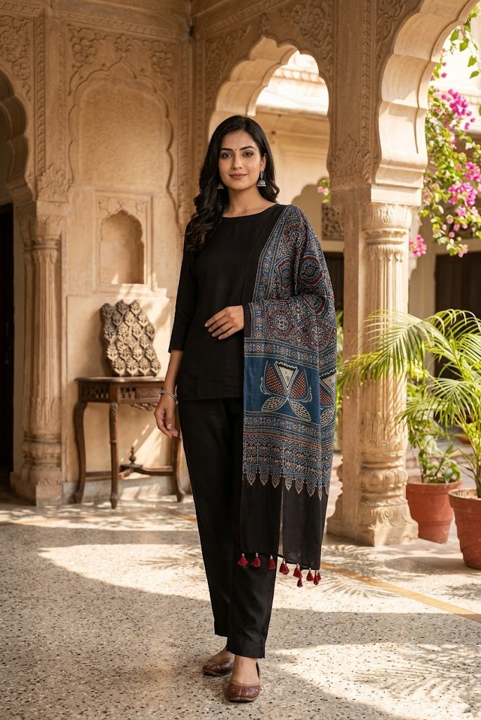 Beautiful Hand Block Printed Ajrakh Modal Silk stole with Tassels