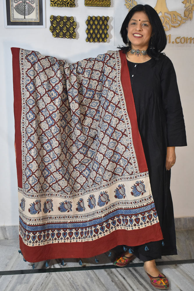 Ajrakh Hand Block Printed Cotton Dupatta with Tassels & natural dyes