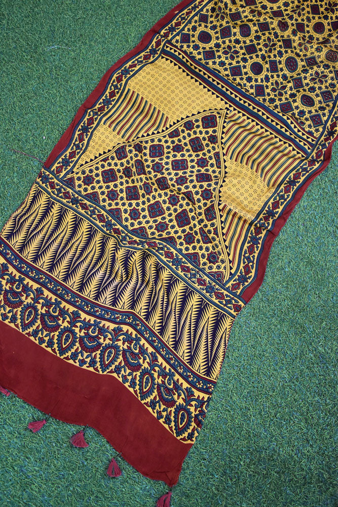 Beautiful Hand Block Printed Ajrakh Modal Silk stole with Tassels
