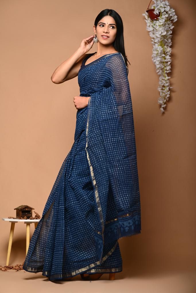 Beautiful Hand Block Printed Kota cotton Saree with zari border