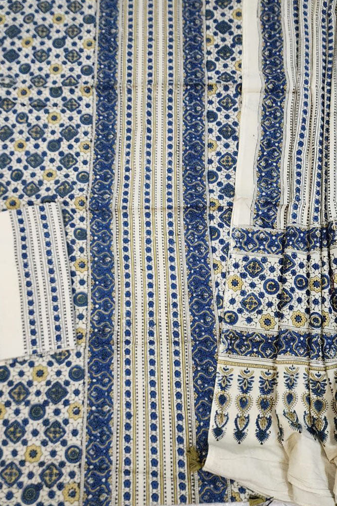Hand Block Print Ajrakh Cotton Suit with designer Ajrakh neck yoke pattern