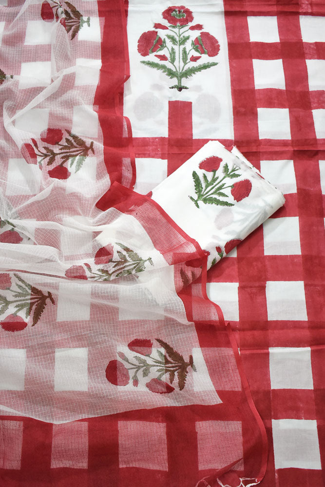 Designer Hand Block Print Cotton suit with Kota dupatta