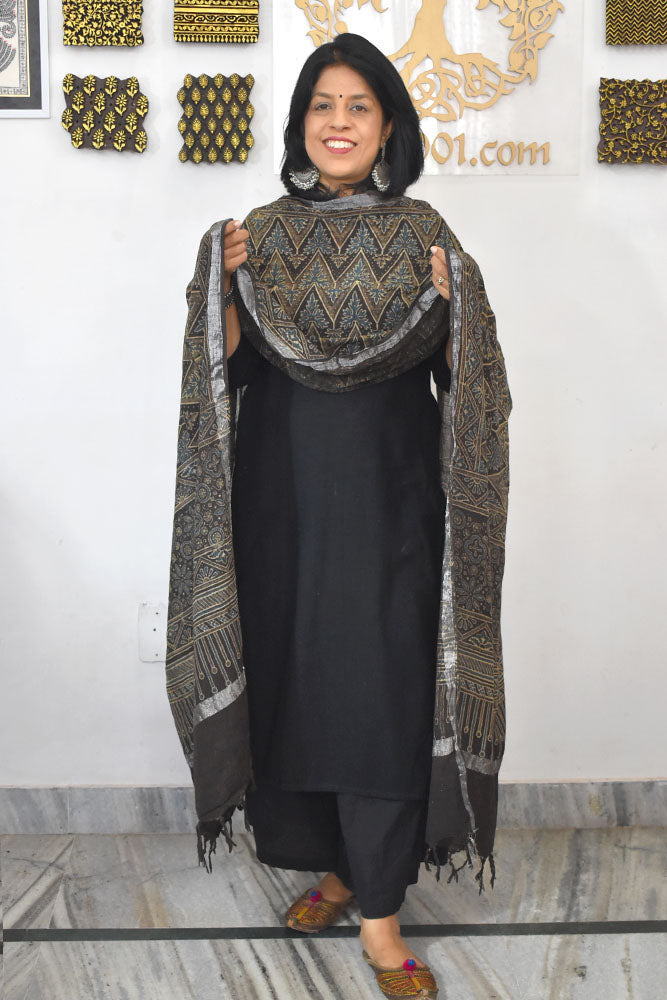 Elegant Ajrakh Hand Block Printed Pure Linen dupatta
