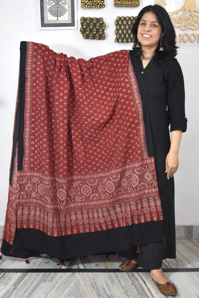 Ajrakh Hand Block Printed Cotton Dupatta with Tassels & natural dyes