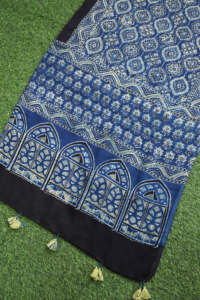Beautiful Hand Block Printed Ajrakh Modal Silk stole with Tassels