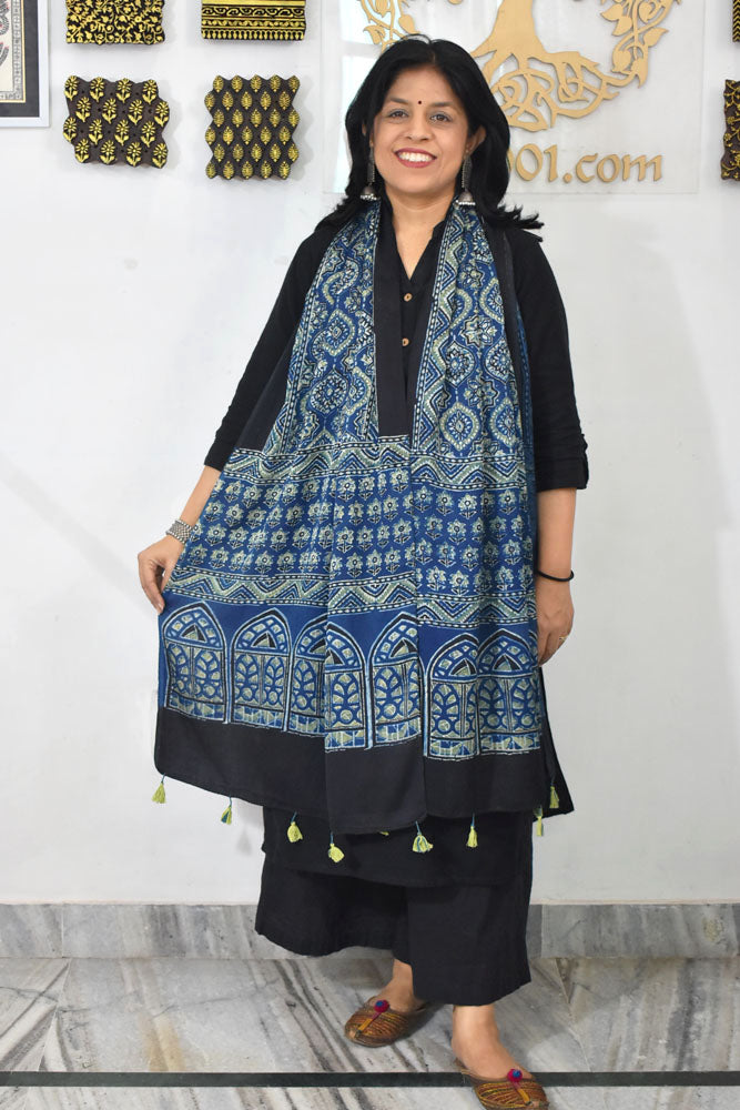 Beautiful Hand Block Printed Ajrakh Modal Silk stole with Tassels