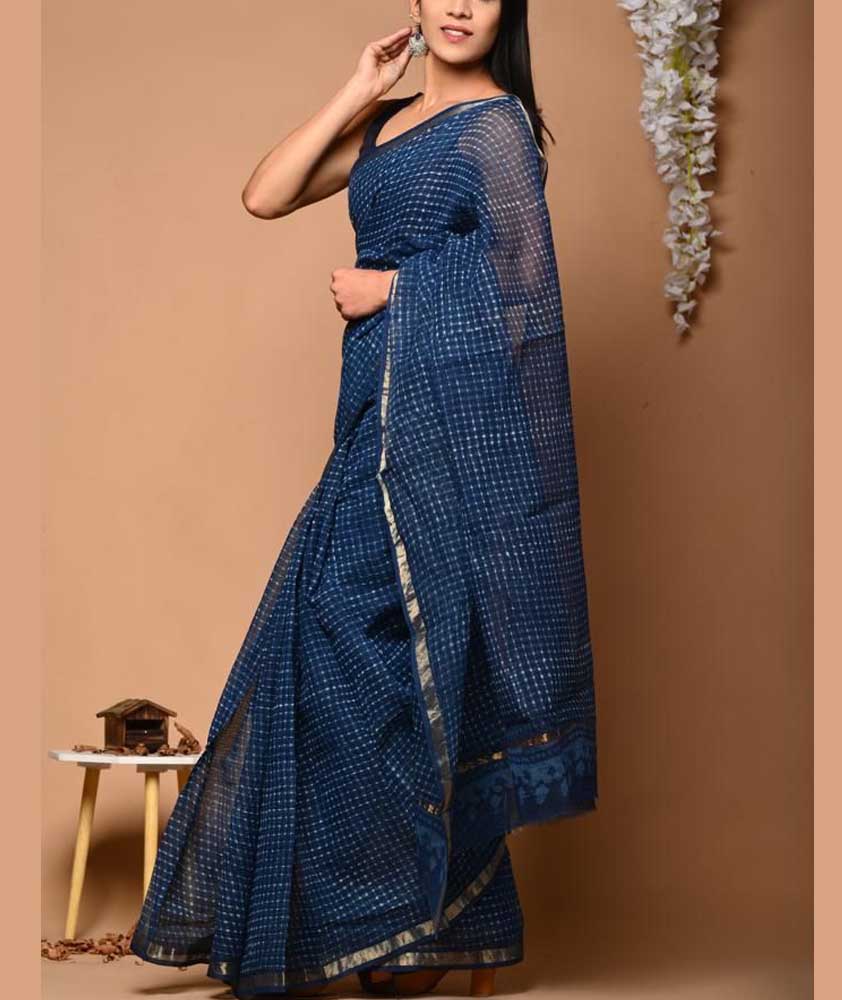 Beautiful Hand Block Printed Kota cotton Saree with zari border