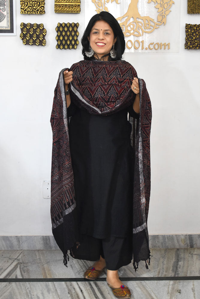 Elegant Ajrakh Hand Block Printed Pure Linen dupatta