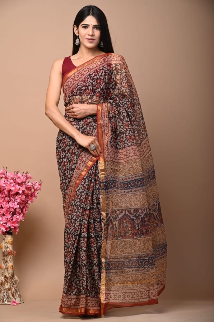 Beautiful Hand Block Printed Kota cotton Saree with zari border