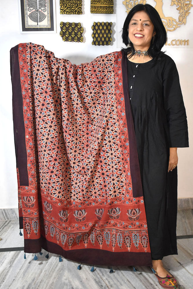 Ajrakh Hand Block Printed Cotton Dupatta with Tassels & natural dyes