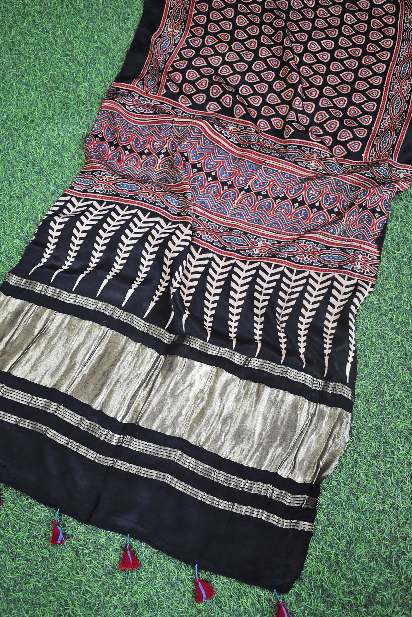 Beautiful Ajrakh Modal Silk Hand block Printed Stole with lagdi patta