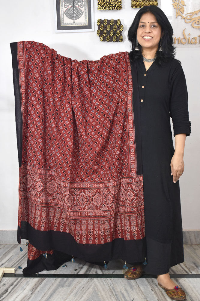 Ajrakh Hand Block Printed Cotton Dupatta with Tassels & natural dyes