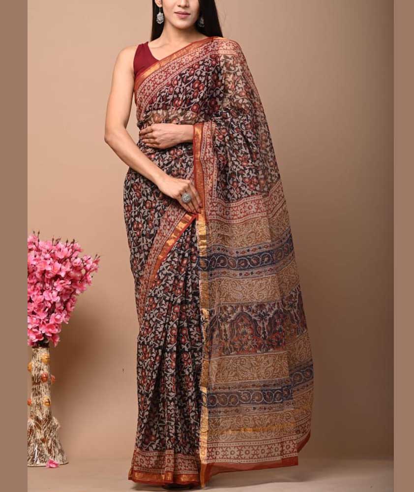 Beautiful Hand Block Printed Kota cotton Saree with zari border