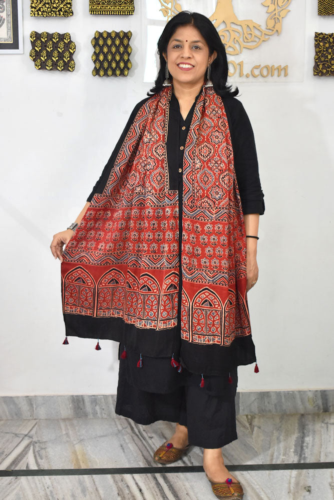 Beautiful Hand Block Printed Ajrakh Modal Silk stole with Tassels