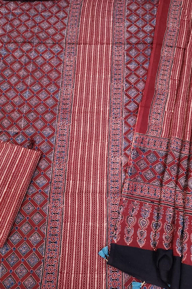 Hand Block Print Ajrakh Cotton Suit with designer Ajrakh neck yoke pattern